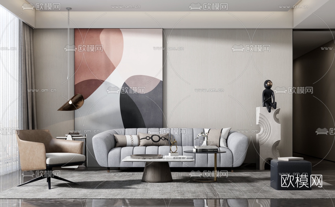 现代布艺组合沙发su模型下载（渲染图1）