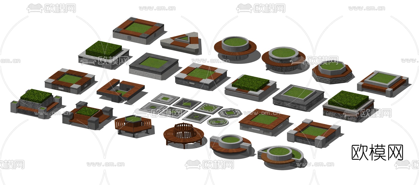 新中式户外树池花坛景观座椅su模型下载（渲染图2）