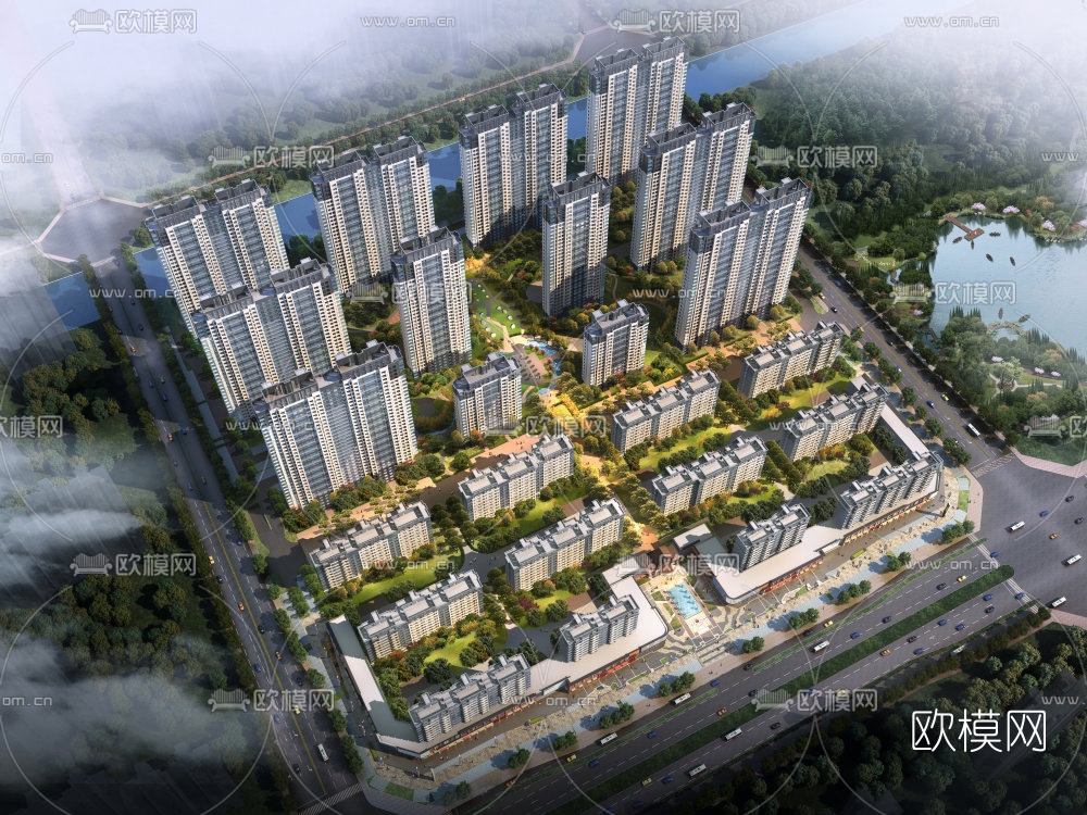 现代傍晚商业街su模型下载（渲染图3）