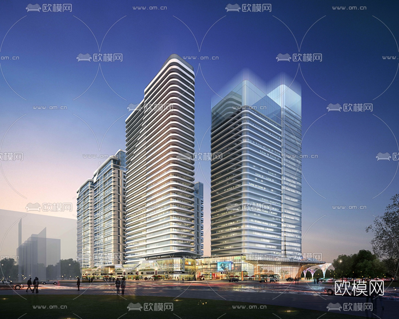 现代商业中心外观夜景3d模型下载
