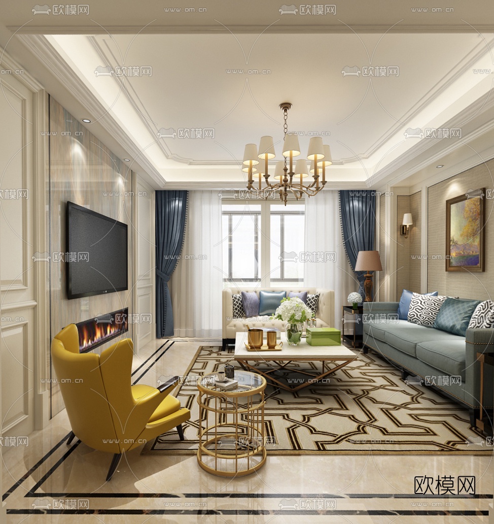简美客厅免费3d模型-免费3dmax模型库-欧模网