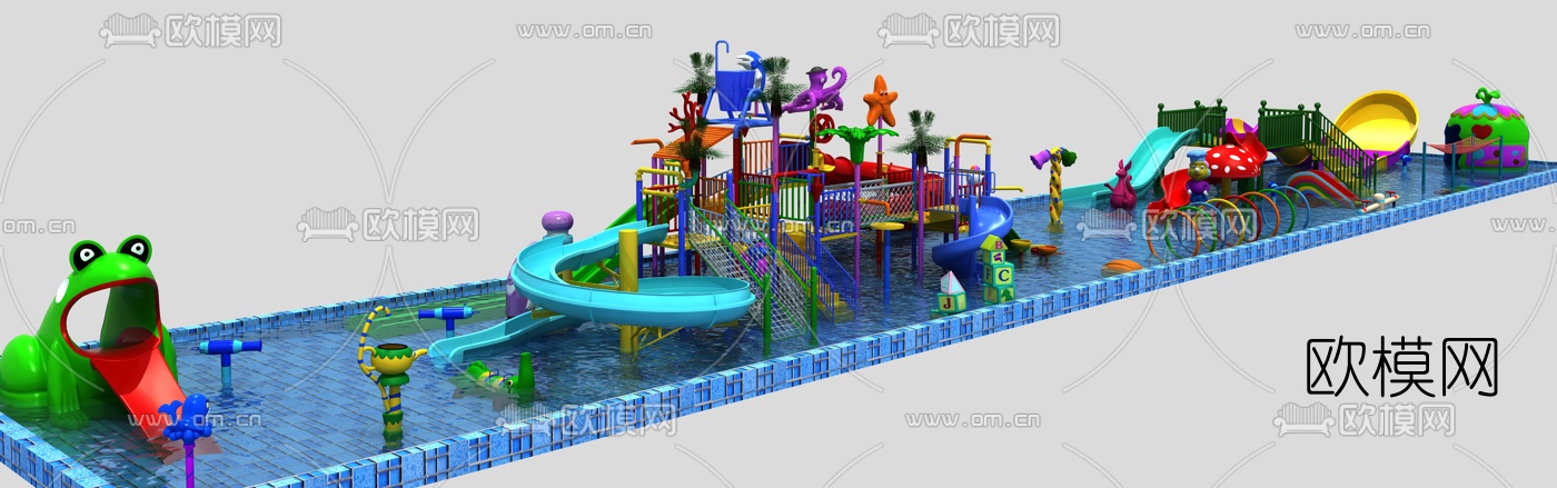 现代泳池玩具水上乐园滑梯游乐园3d模型下载（渲染图1）