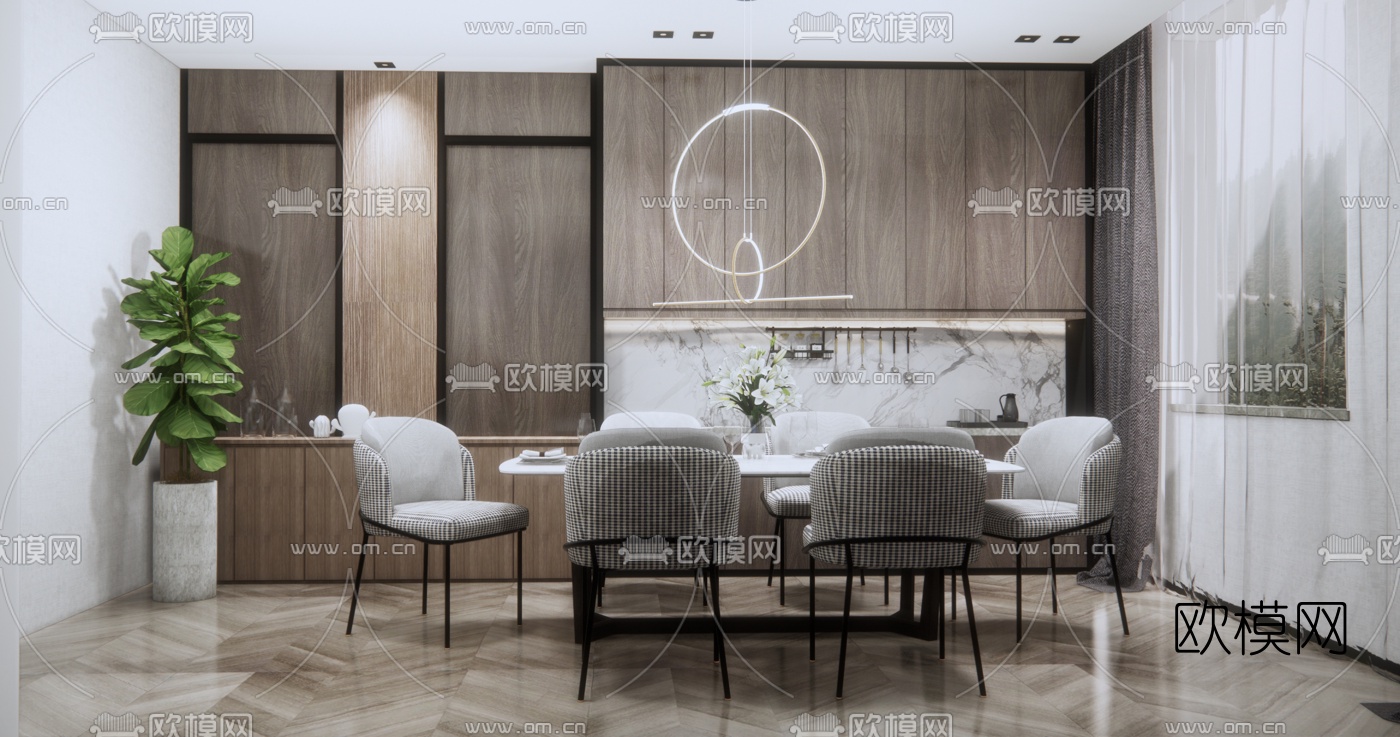 现代条形餐桌椅su模型下载（渲染图1）