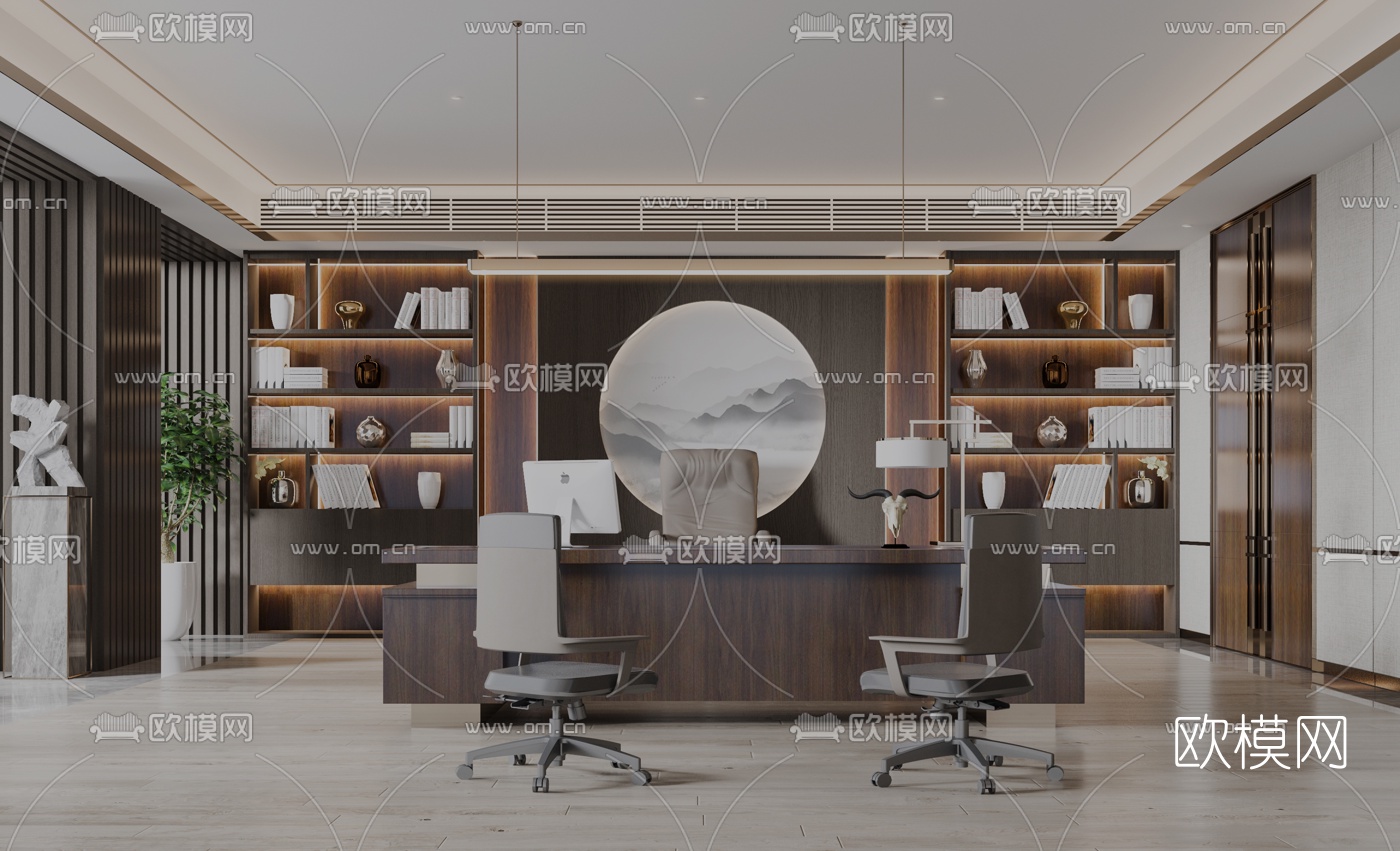 新中式总经理室su模型下载（渲染图1）