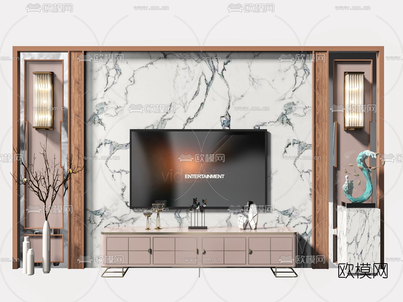 新中式实木电视柜su模型下载（渲染图1）