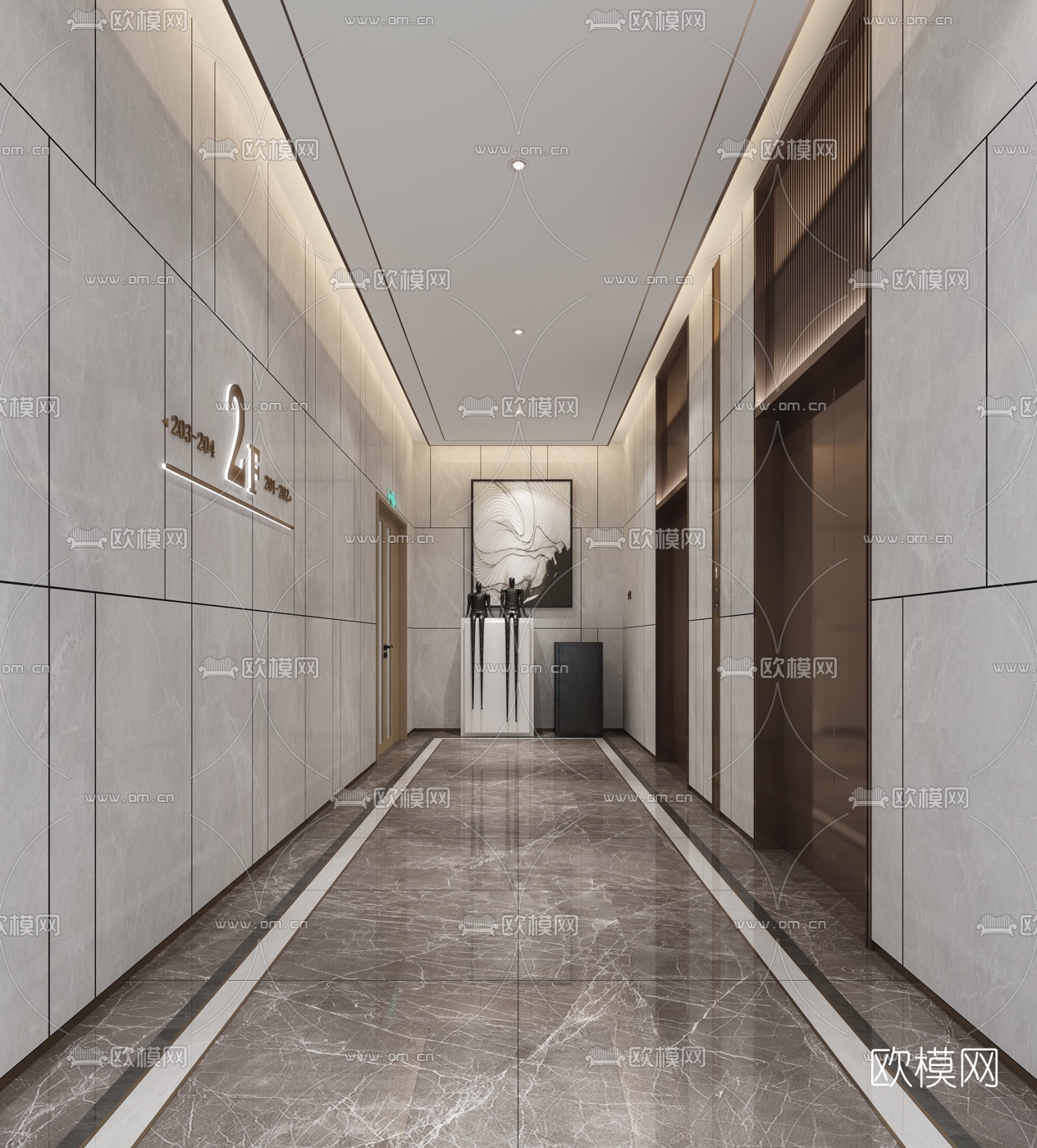 现代写字楼电梯厅走廊3d模型下载（渲染图1）