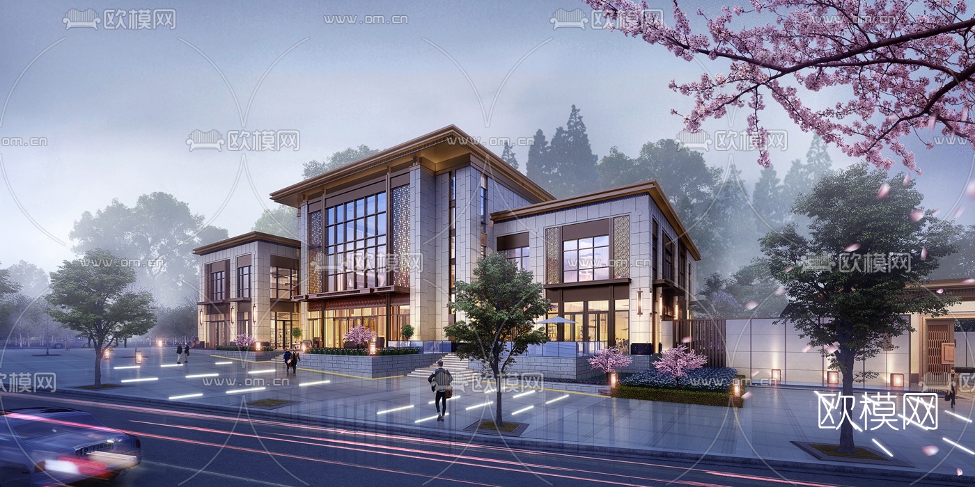 新中式会所建筑外观3d模型下载