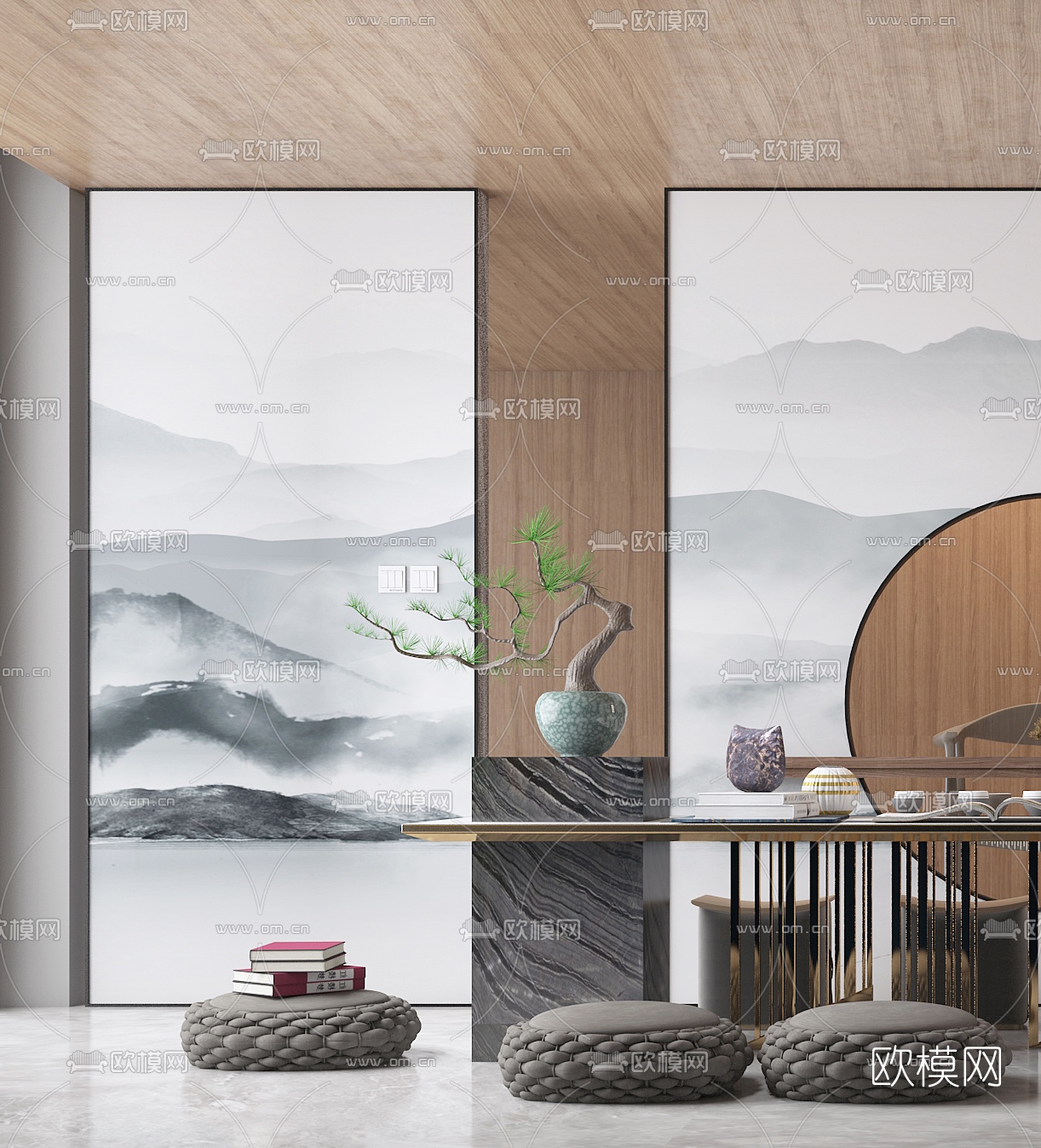 新中式榻榻米茶桌椅3d模型下载（渲染图2）