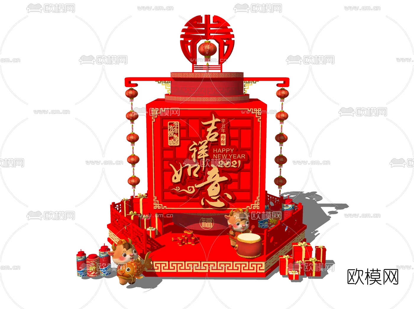 新中式牛年春节新年美陈su模型下载