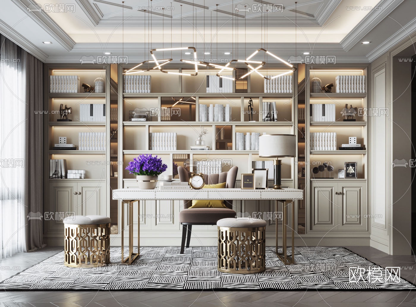 美式轻奢书房3d模型下载（渲染图1）