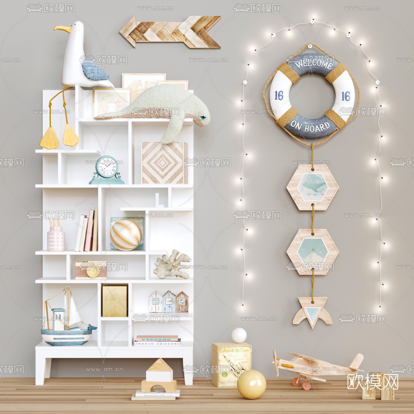 现代儿童房置物架玩具灯饰3d模型下载（渲染图1）