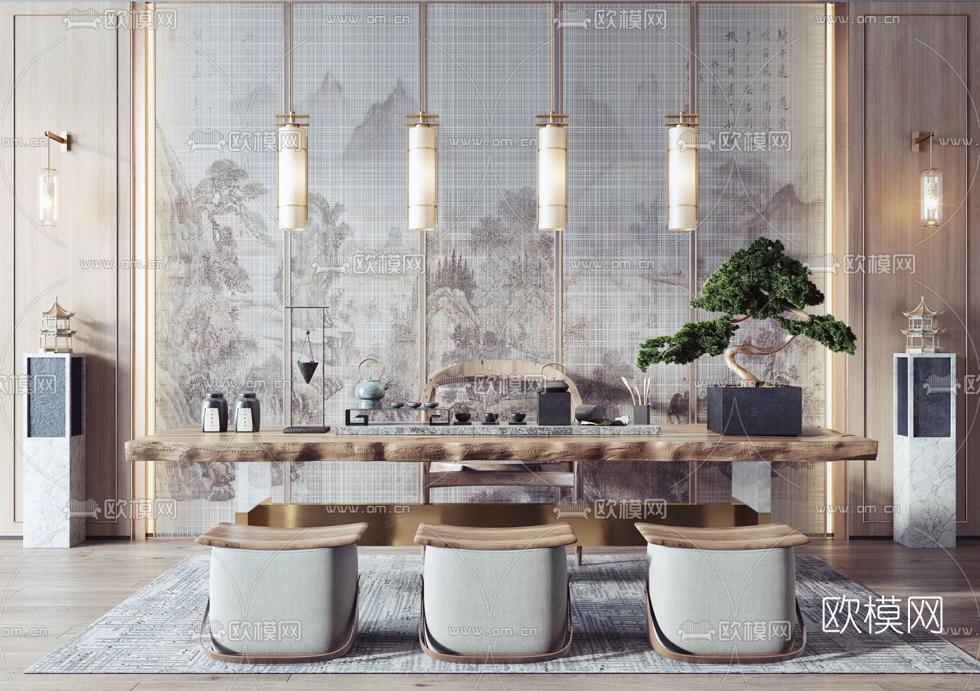 新中式轻奢茶桌椅3d模型下载（渲染图1）