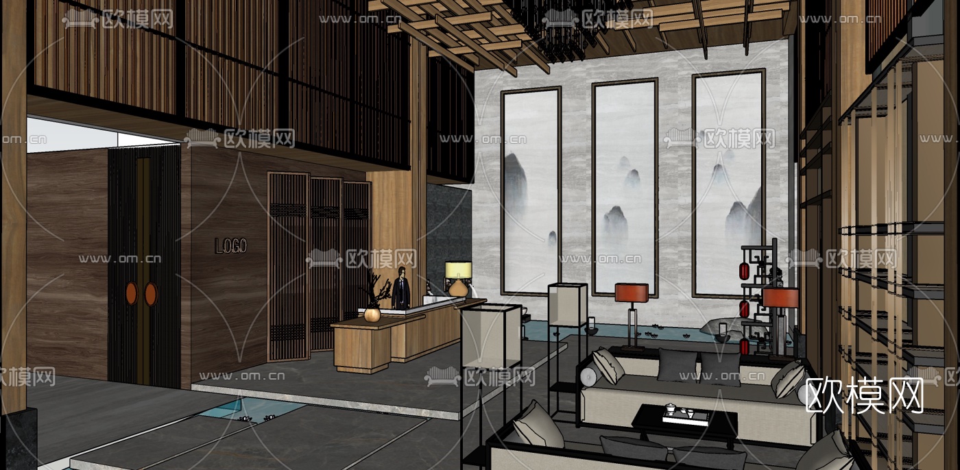 新中式酒店大堂su模型下载（渲染图2）