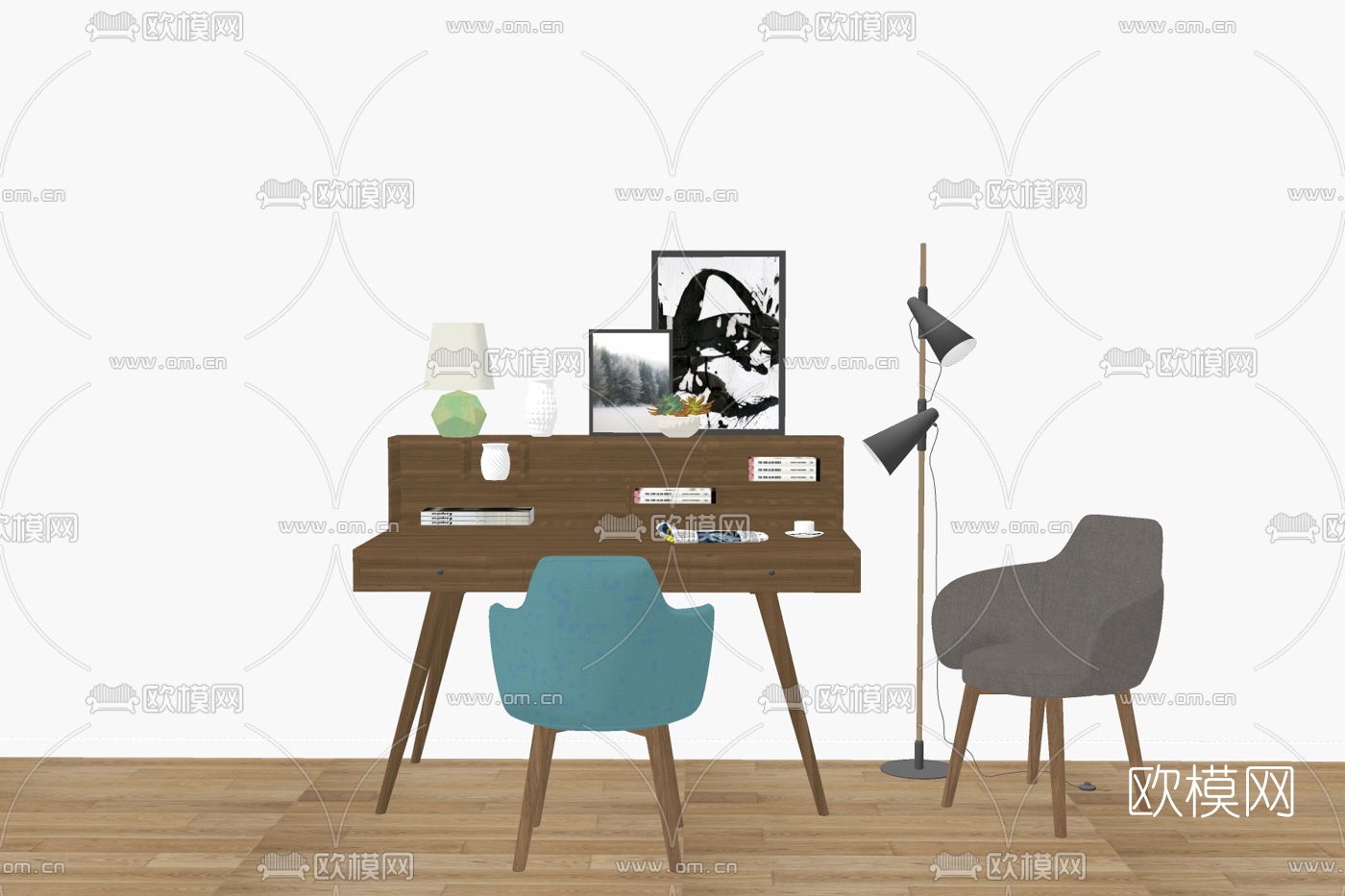 北欧原木书桌椅su模型下载