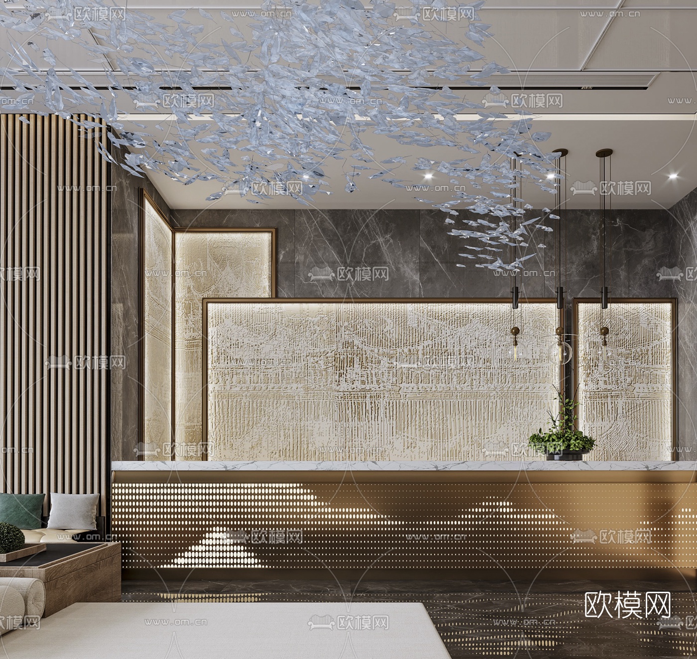 新中式酒店大堂前台3d模型