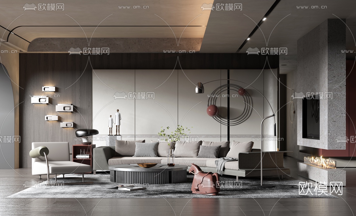 现代布艺沙发组合3d模型下载（渲染图1）