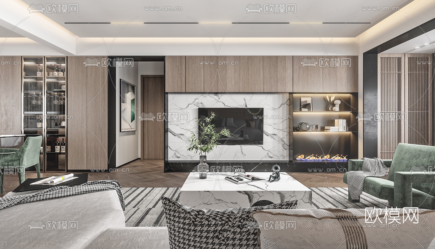 现代轻奢客厅餐厅3d模型