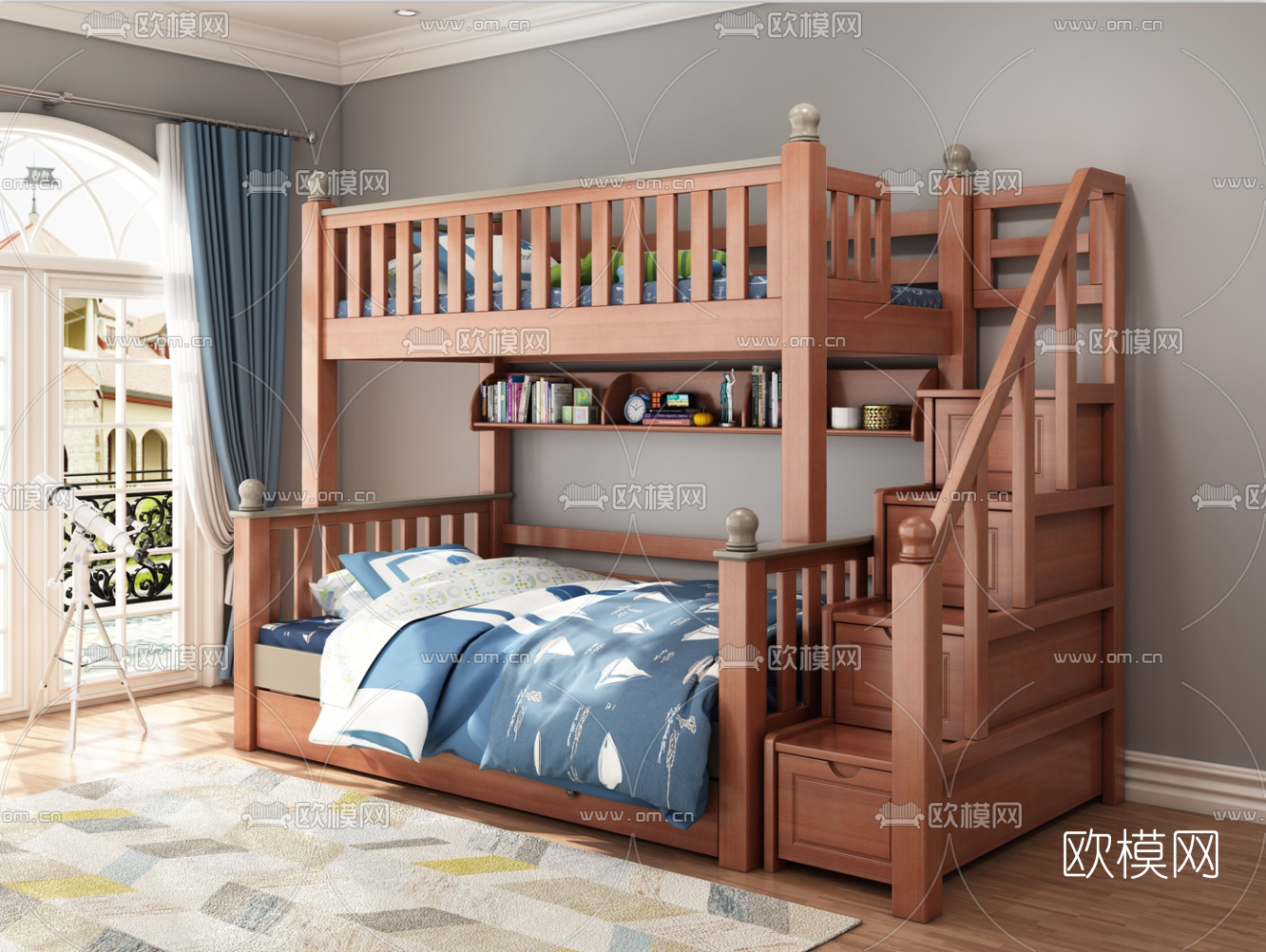 美式上下铺儿童床3d模型下载