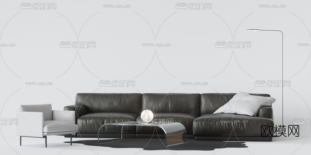 现代皮革转角沙发组合3d模型-免费3dmax模型库-欧模网