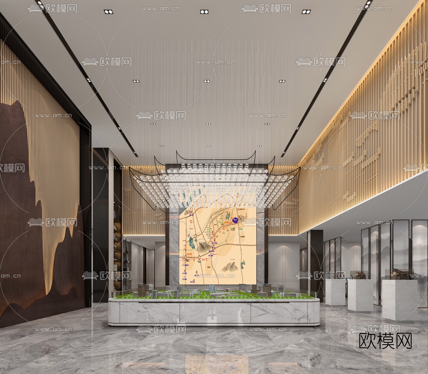 新中式轻奢售楼处大厅3d模型下载（渲染图2）