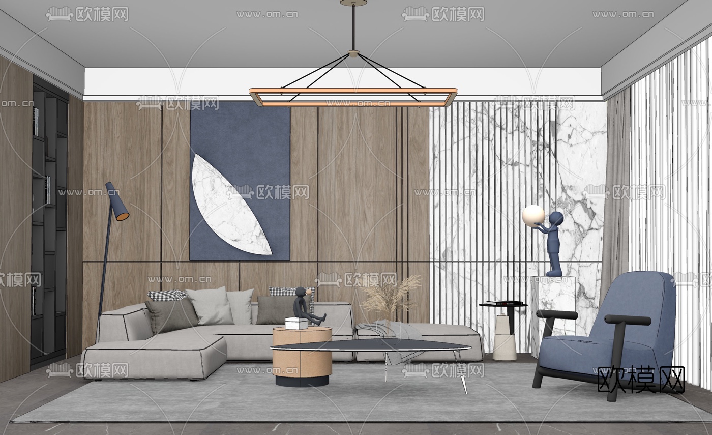 现代轻奢转角沙发组合su模型下载（渲染图2）