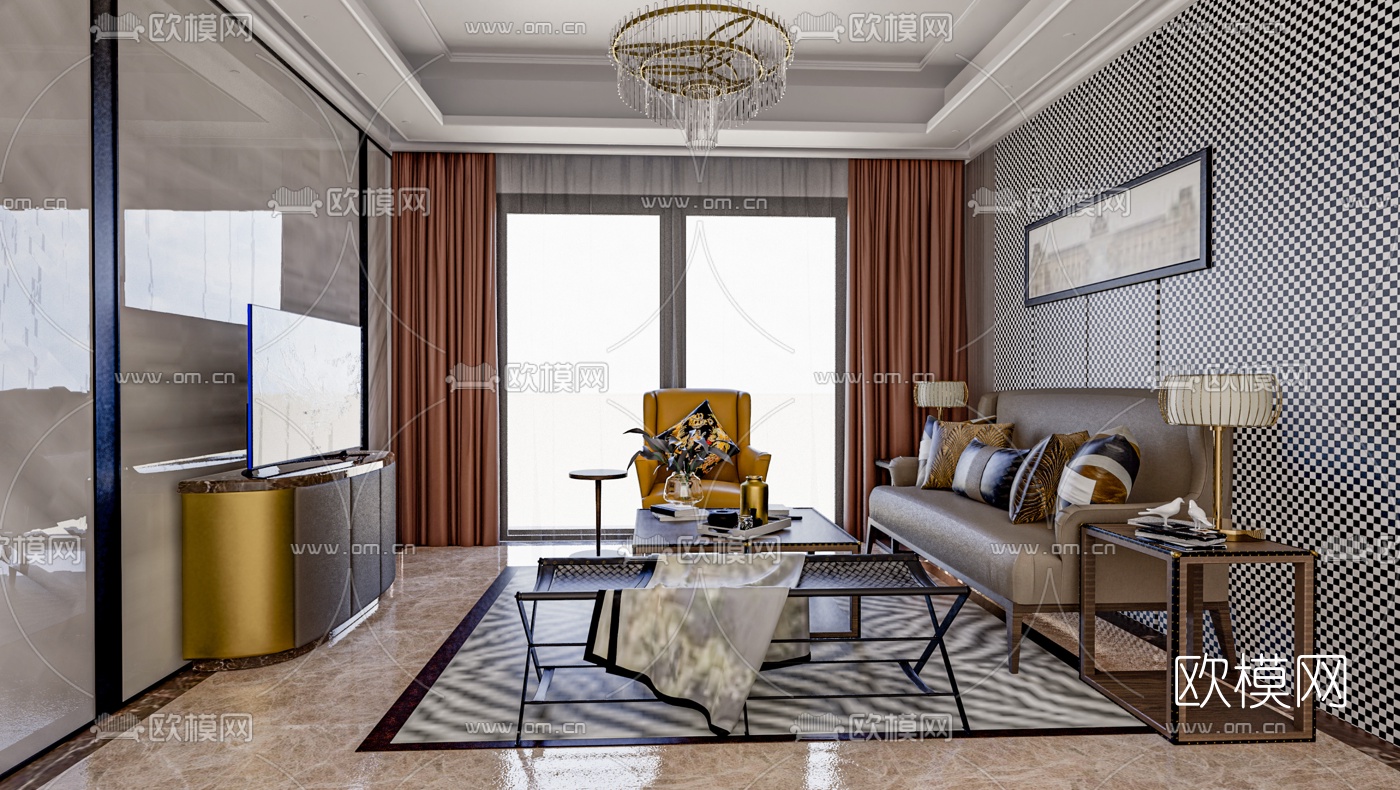 新中式客厅su模型下载