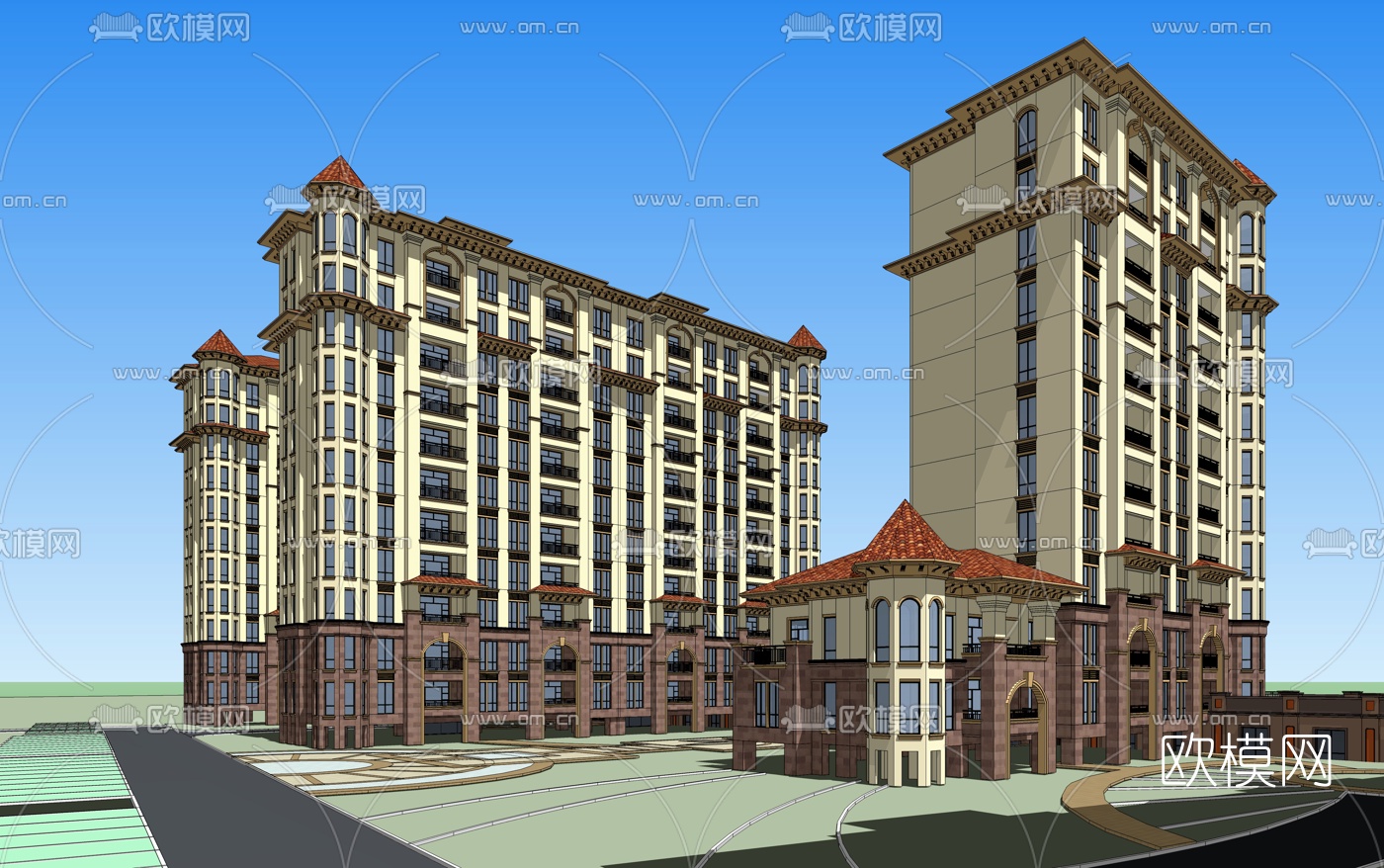 欧式高层住宅小区su模型下载（渲染图2）