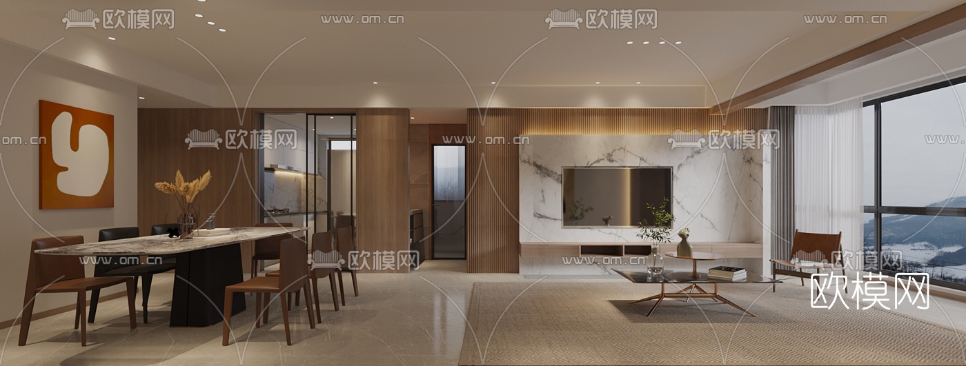 现代客厅餐厅免费3d模型下载（渲染图3）