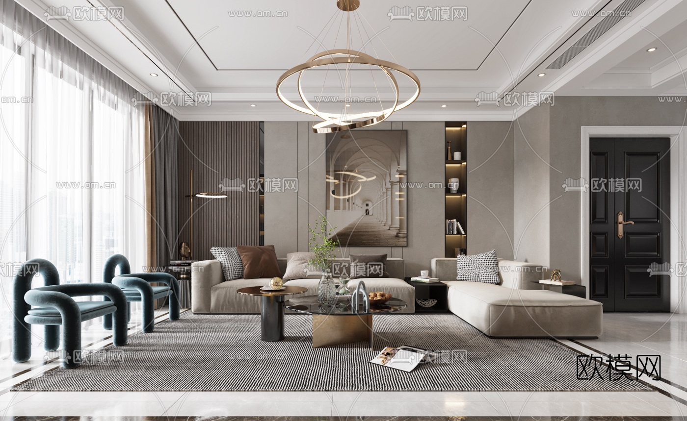 现代轻奢客厅3d模型下载（渲染图1）