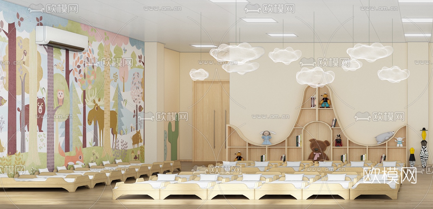 现代幼儿园午休室3d模型下载（渲染图2）