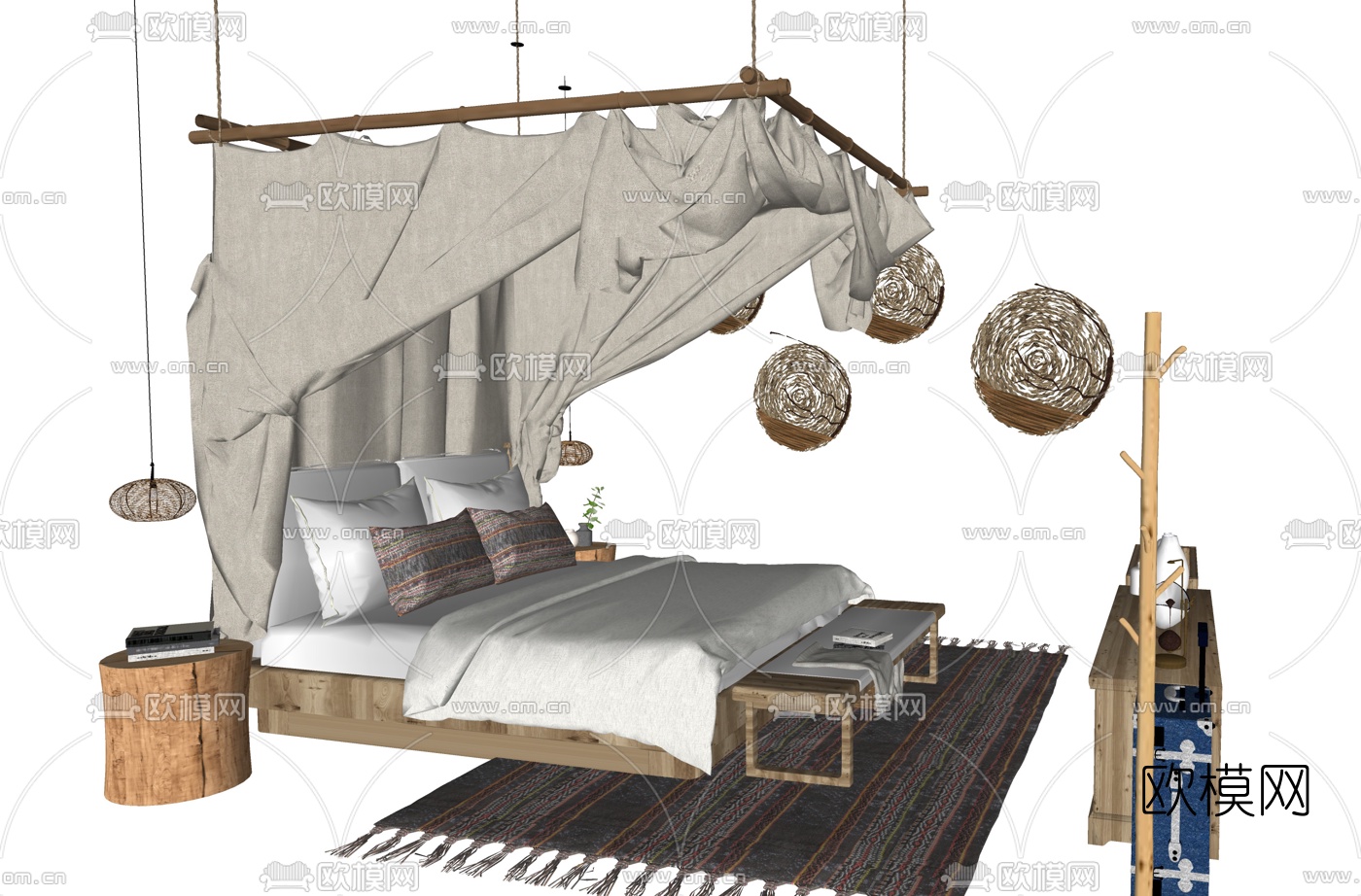 自然风民宿原木双人床su模型下载（渲染图2）