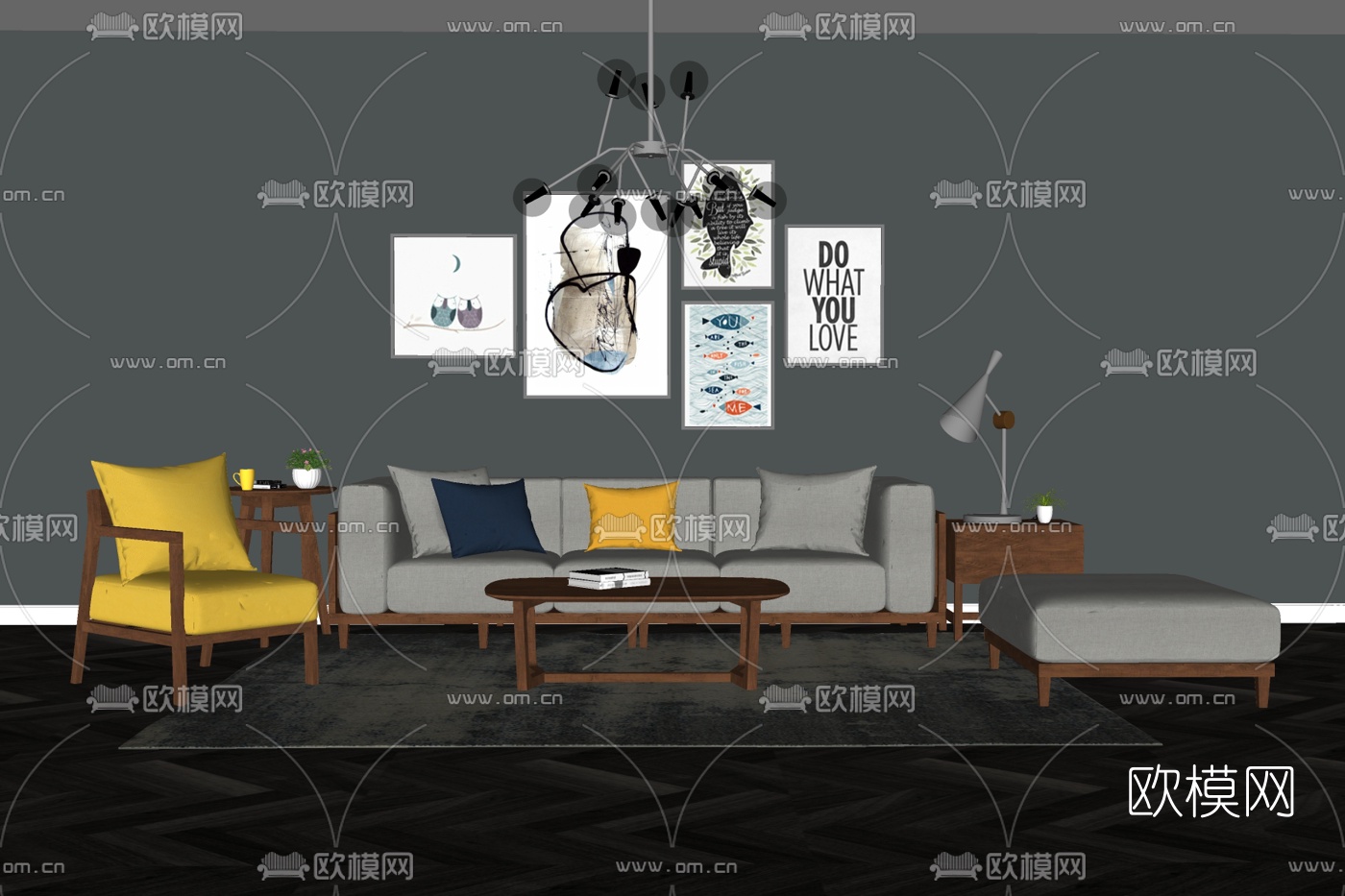 现代布艺组合沙发免费su模型下载