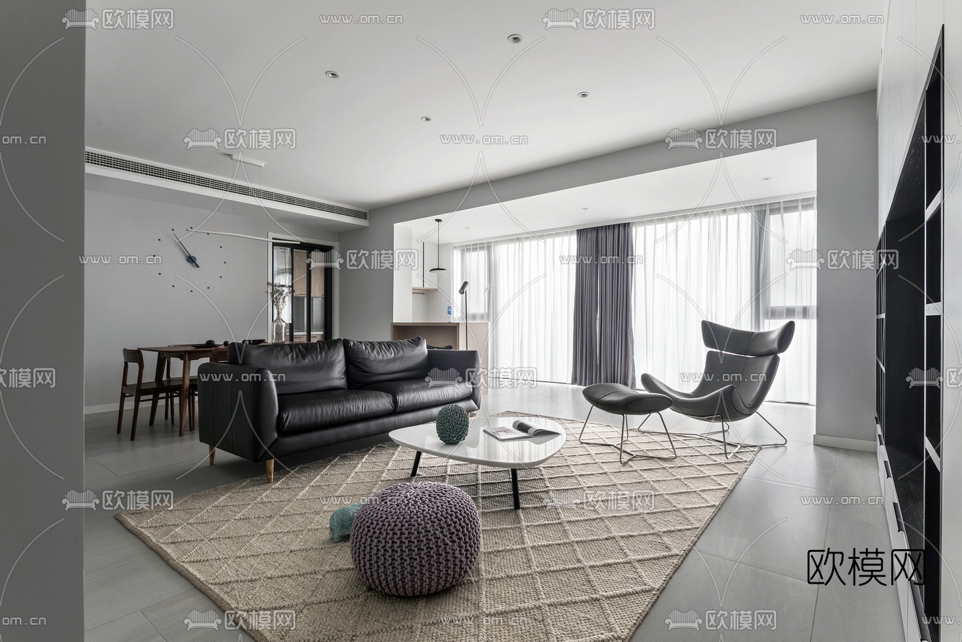 现代高级灰客厅餐厅3d模型