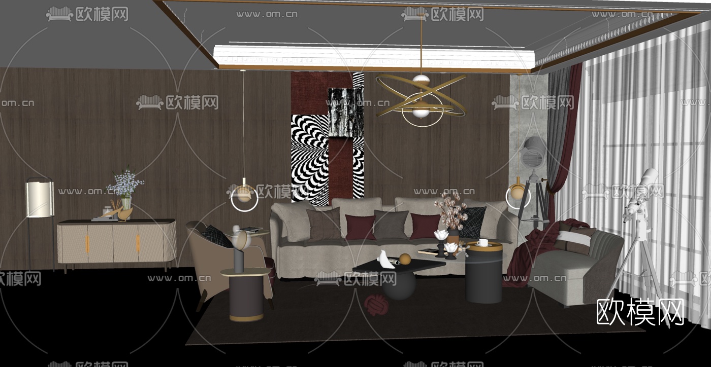 现代轻奢客厅su模型下载