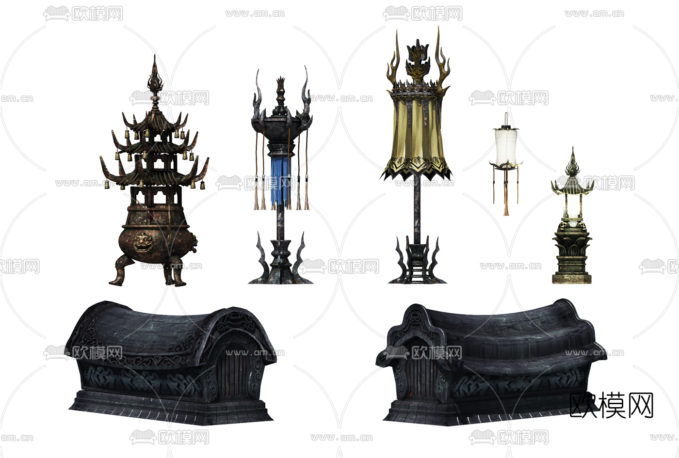 中式灵幡棺材炉鼎免费3d模型