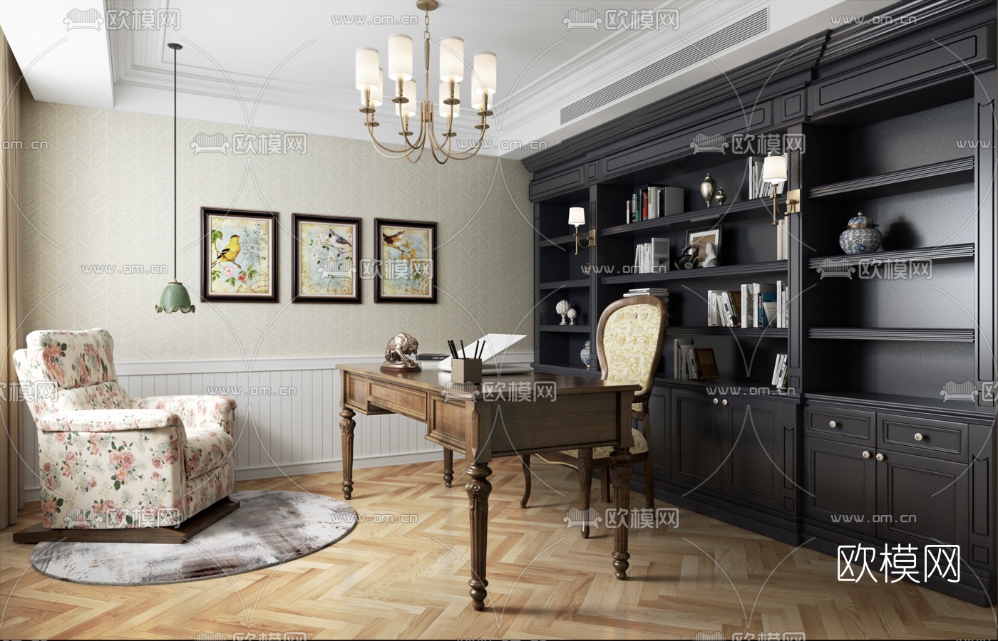 美式书房免费3d模型下载