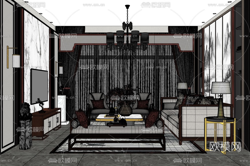 新中式客厅免费su模型下载_ID10084161_sketchup模型下载-欧模网