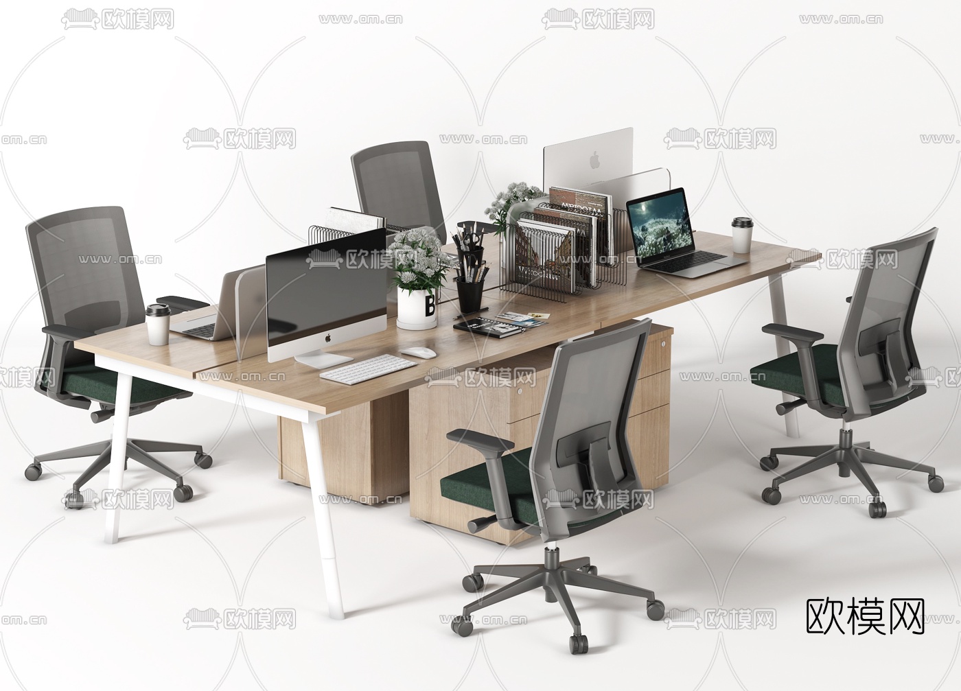 现代卡位办公桌椅3d模型下载（渲染图1）