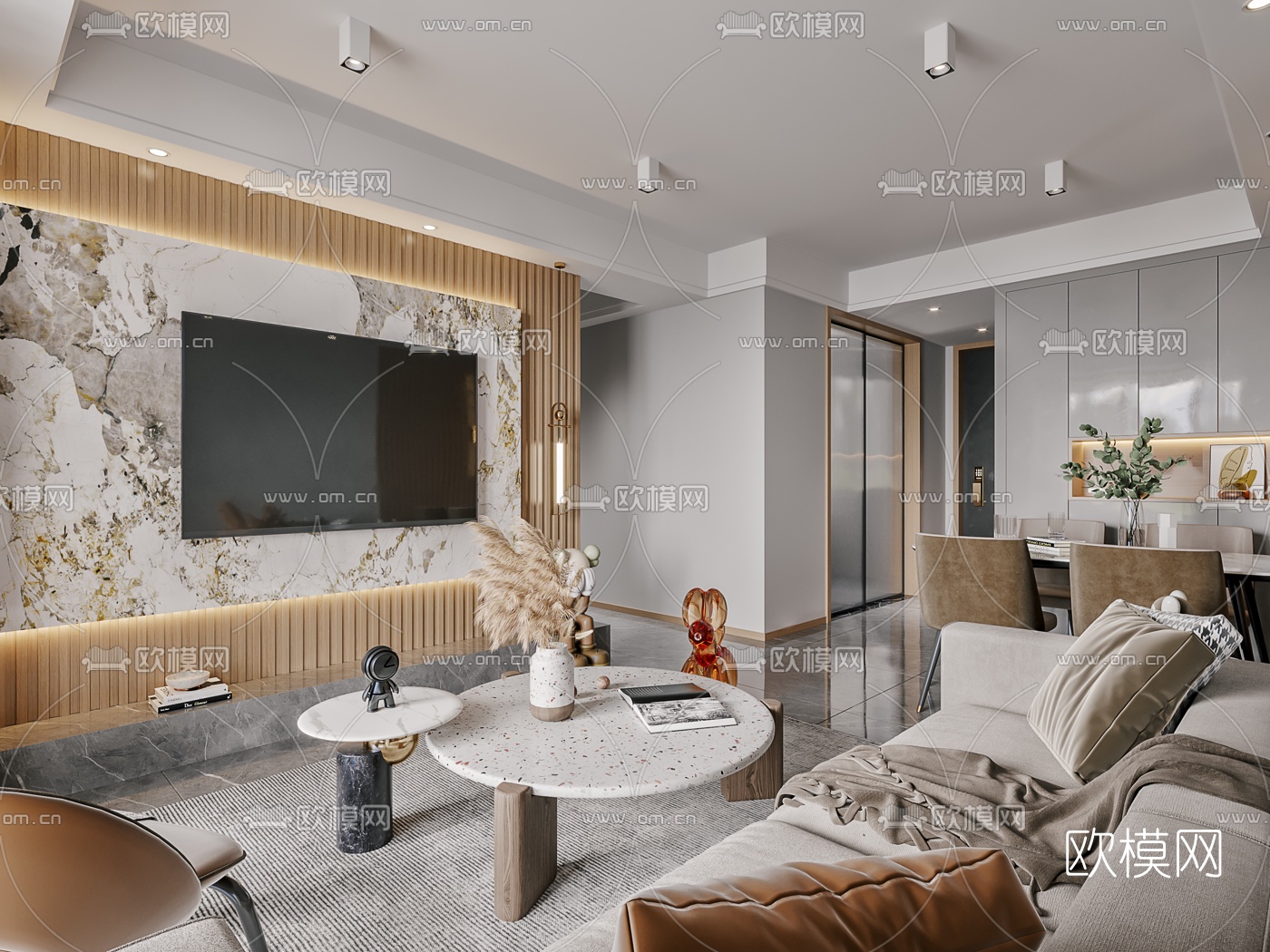 现代轻奢客厅餐厅3d模型
