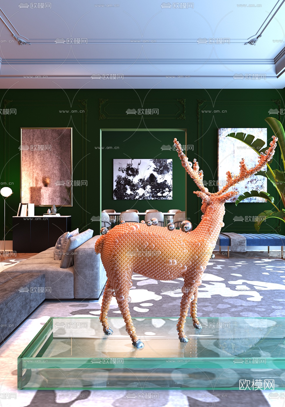 元禾大千设计 现代轻奢珍珠麋鹿雕塑3d模型下载（渲染图1）