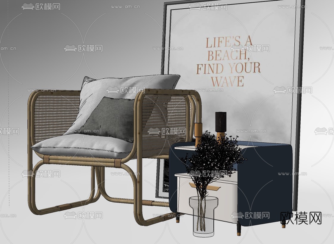 北欧藤编休闲椅su模型下载（渲染图2）