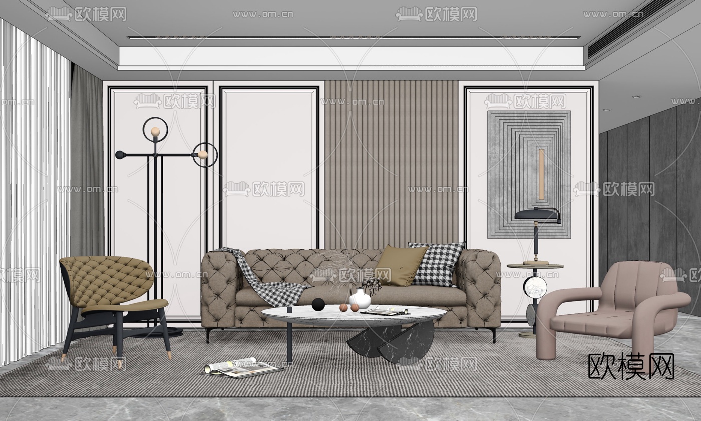 简欧皮革沙发组合su模型下载（渲染图2）