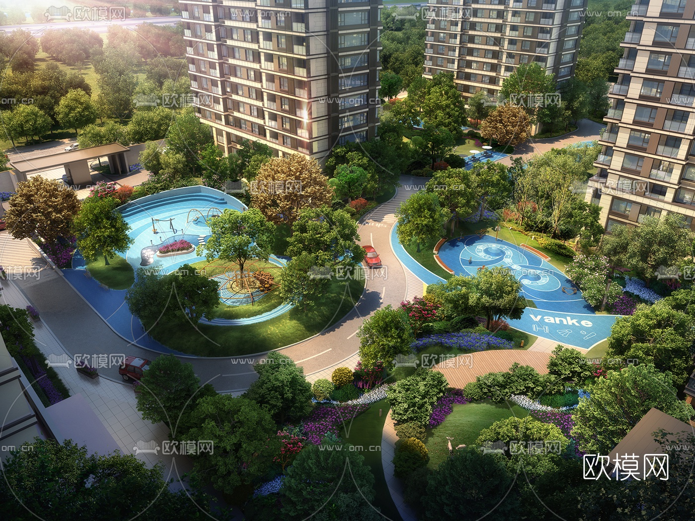 现代住宅小区园林鸟瞰3d模型下载