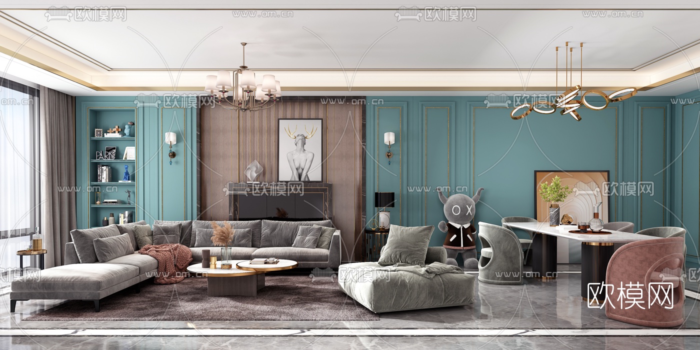 简欧客厅餐厅3d模型下载