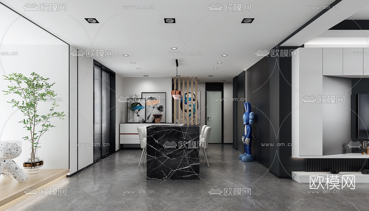 现代高级灰客厅餐厅3d模型下载（渲染图3）