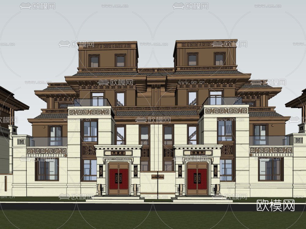 中式连排别墅外观su模型下载（渲染图5）