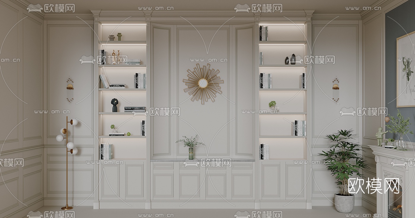 美式护墙板壁炉3d模型下载（渲染图1）