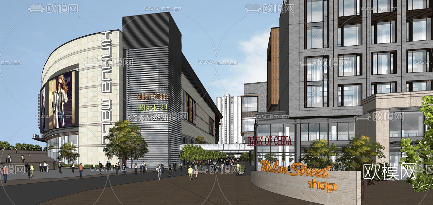 现代商业街su模型下载（渲染图1）