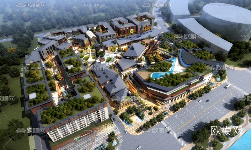 现代傍晚商业街su模型下载（渲染图4）