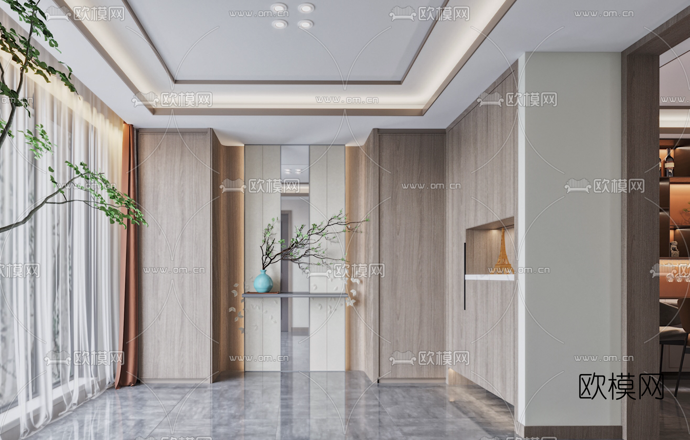 新中式复式轻奢客厅餐厅3d模型
